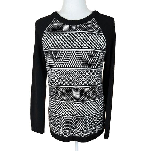 Talbots Lambswool Nylon Blend Pullover Sweater Size M Black White Geometric - Picture 1 of 6